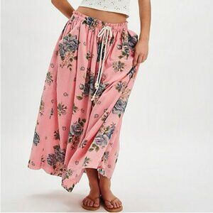 NWOT Free People S Seaside Rose Cotton Pink Floral Romantic Coastal Midi Skirt